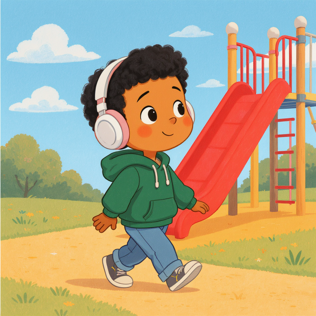 Story page one: the same boy walks across the playground toward a red slide