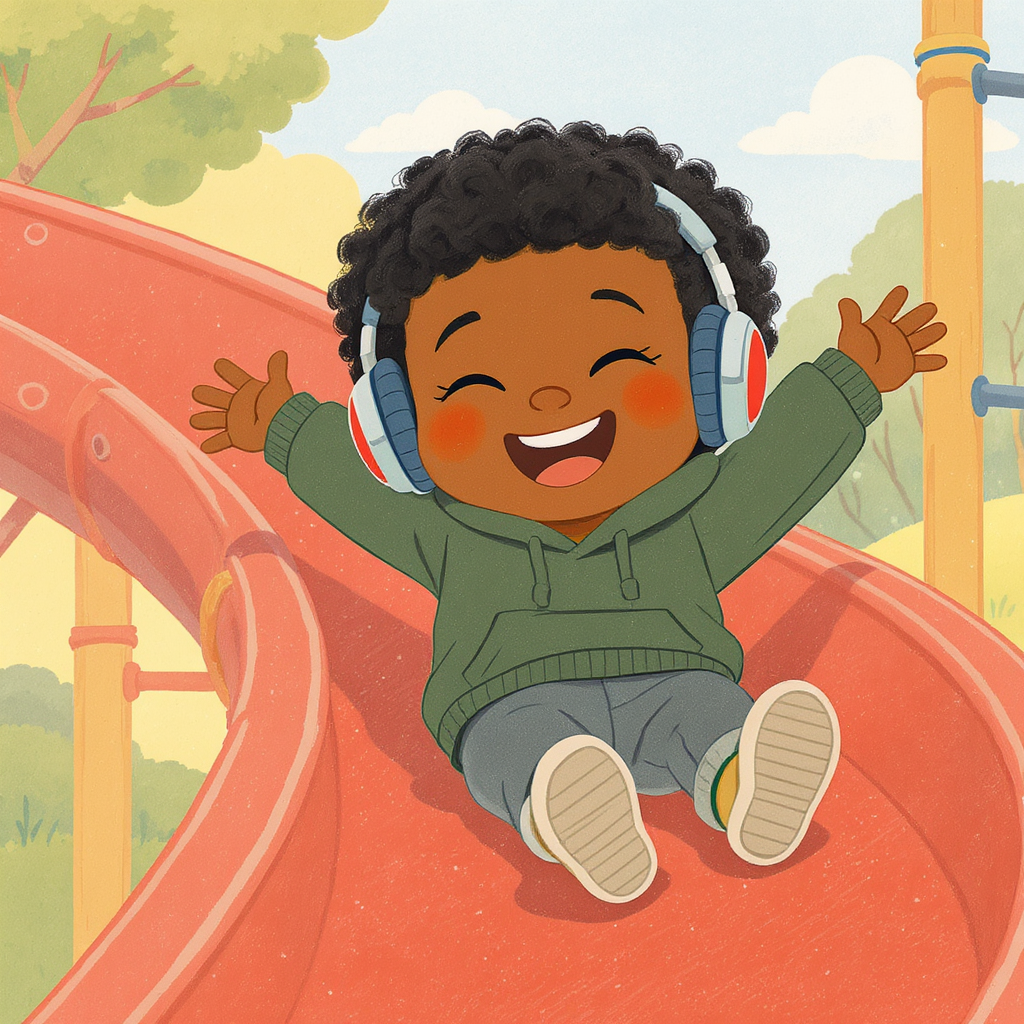Story page two: the same boy, clearly recognizable, laughs with arms raised as he slides down