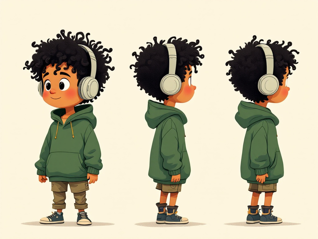 Character reference sheet: a boy with curly black hair, green hoodie, and headphones shown from the front, side, and back